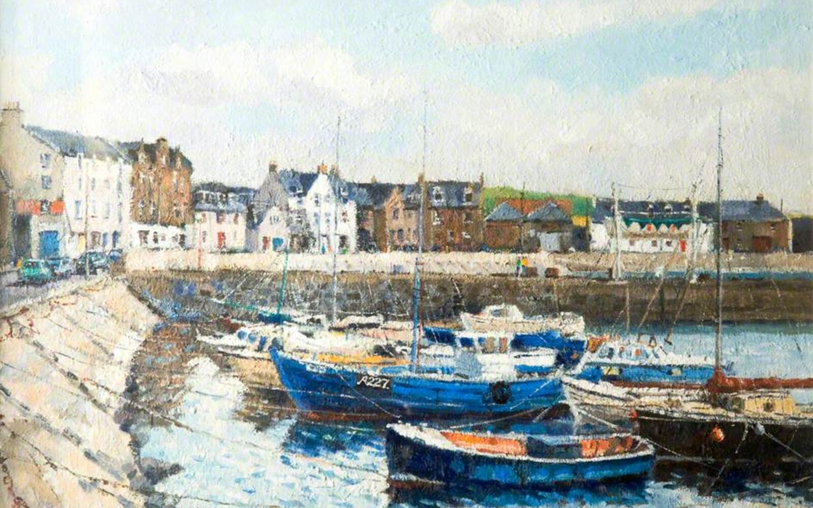 Painting of Stonehaven harbour with boats moored along the quayside